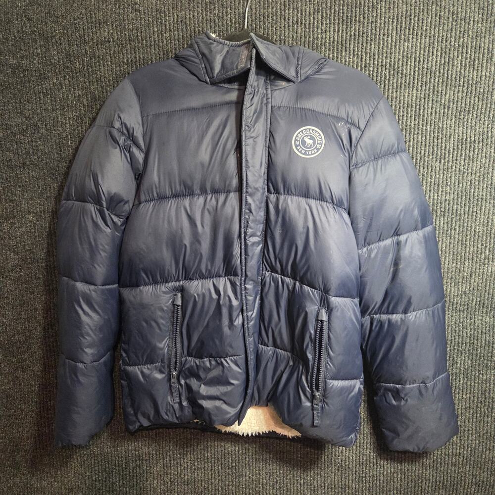 Abercrombie & Fitch Navy Blue Puffer Jacket Sherpa Lined Full Zip Hooded Coat